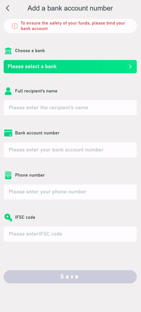 YaarWin Bank Account Screen