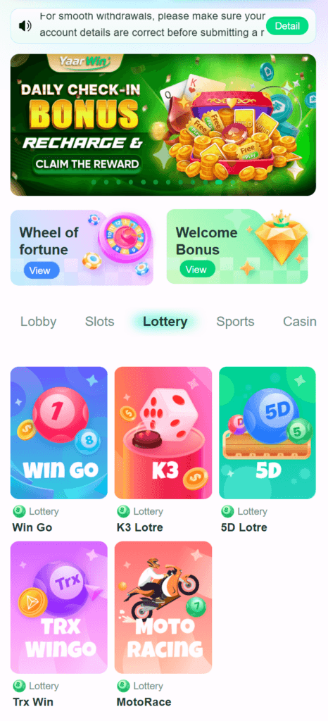 YaarWin Games Screen